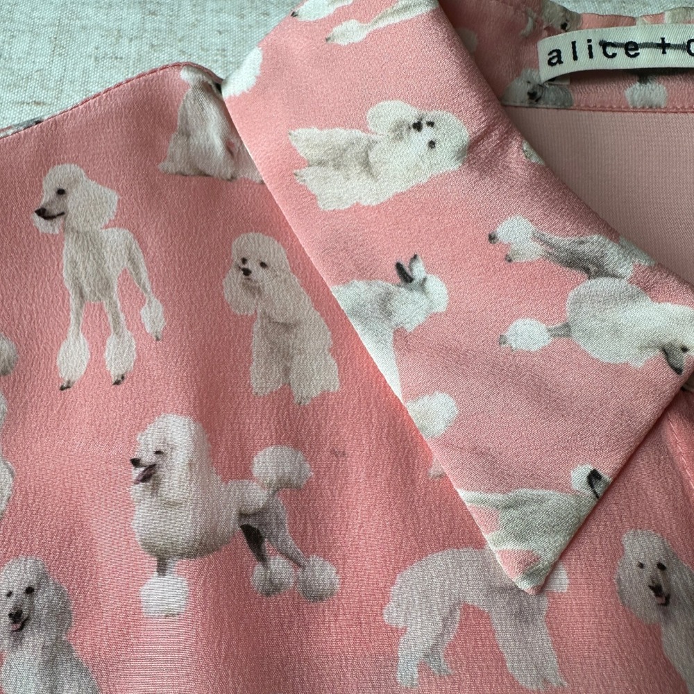Alice + Olivia Willa Pink Poodle Dog Print Silk Blouse Shirt M Medium - Picture 4 of 10